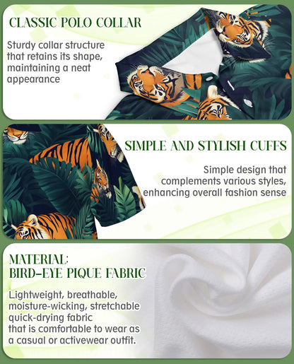 Tiger Jungle 3D Polo Shirt for Men – Wild Animal Tropical Leaf Style | Netecom
