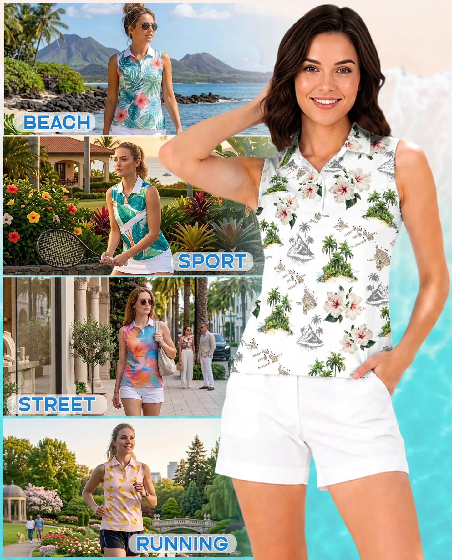 Tropical Floral Sleeveless Polo Shirt for Women | Netecom