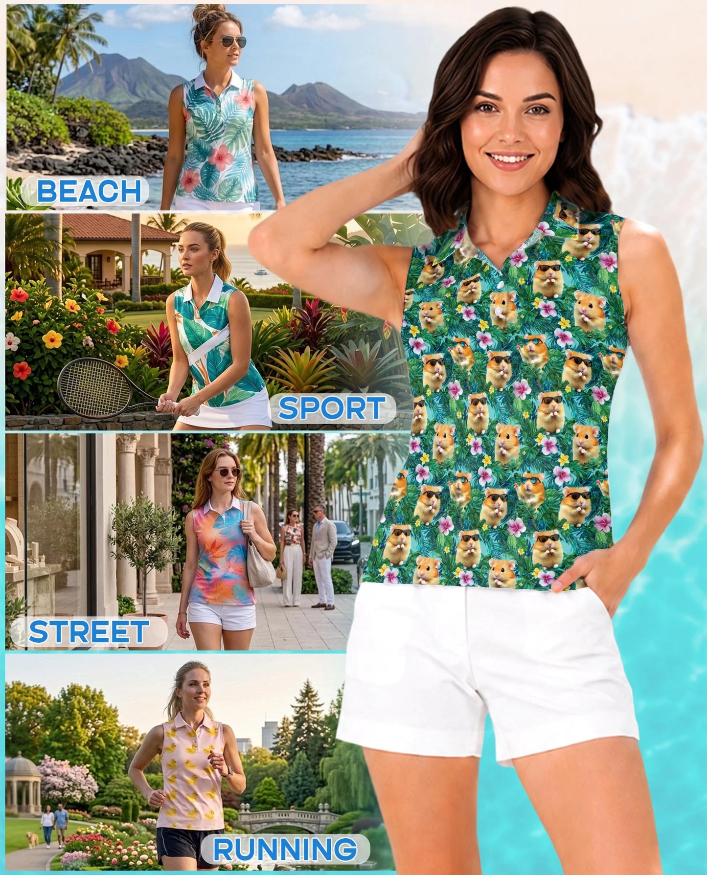 Hamster Tropical Sleeveless Polo Shirt for Women | Netecom