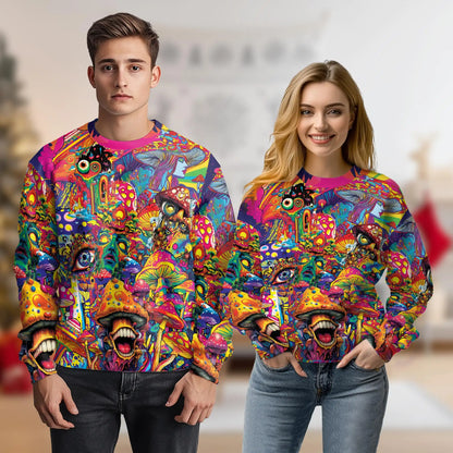 Trippy Mushroom Sweatshirt, 3D All Over Print Psychedelic Mushroom Crewneck Pullover for Men Women, Mushroom Lover Gift - Netecom