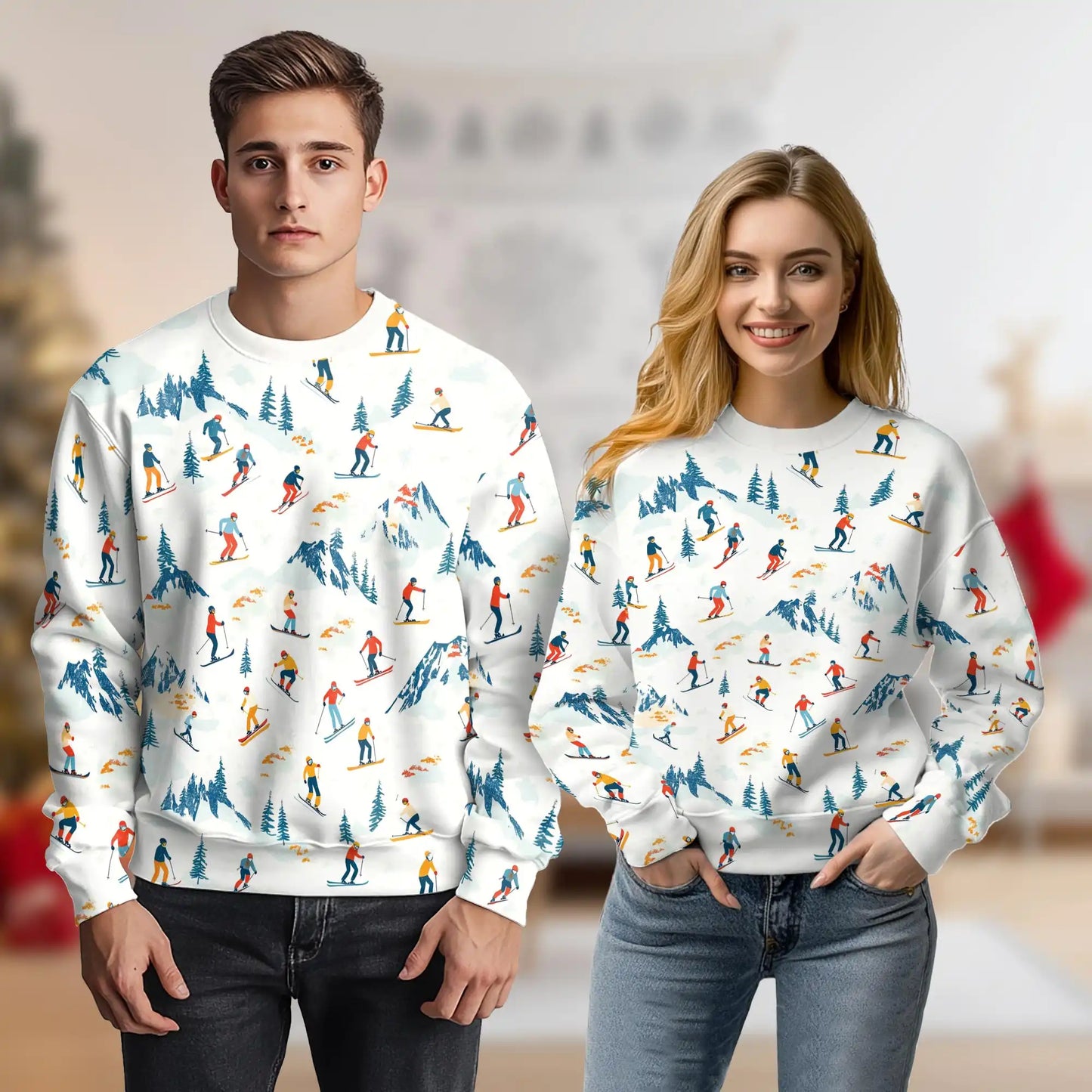 Skiers Slope Print Sweatshirt, 3D All Over Print Winter Mountain Sports Crewneck Pullover for Men Women, Ski Lover Gift - Netecom