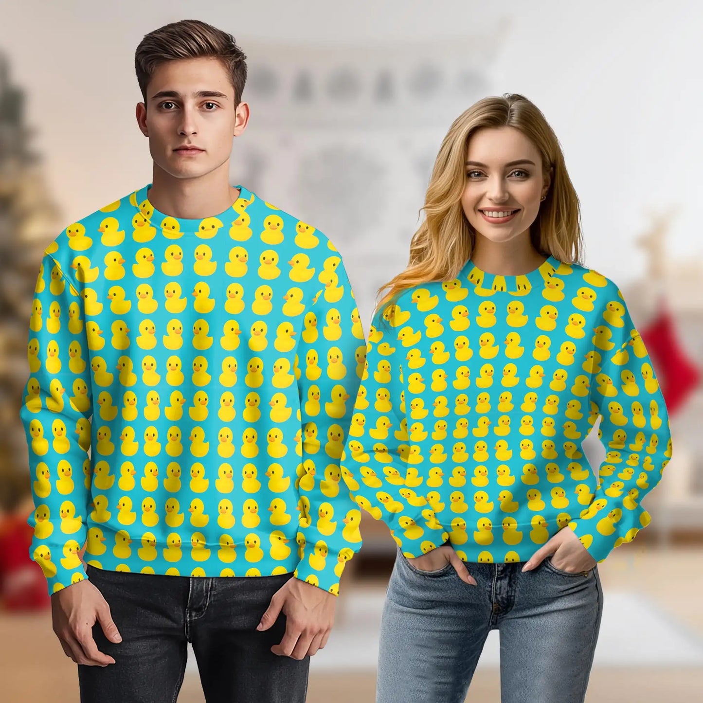 Cute Yellow Rubber Ducks Blue Sweatshirt, 3D All Over Print Adorable Duck Pattern Crewneck Pullover for Men Women, Duck Lover Gift - Netecom