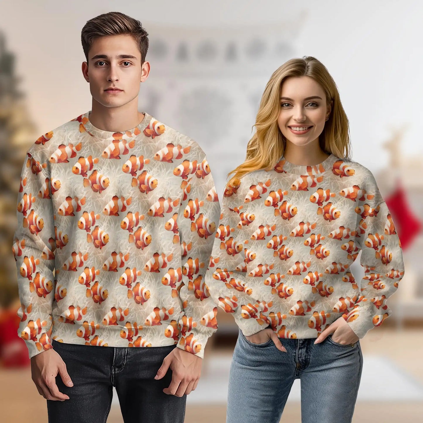 Clownfish Pattern Sweatshirt, 3D All Over Print Tropical Ocean Fish Crewneck Pullover for Men Women, Clownfish Lover Gift - Netecom