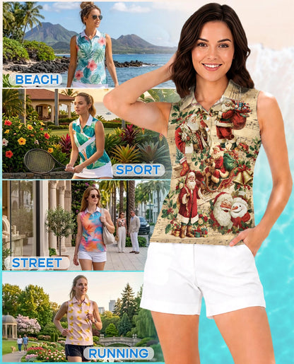 Vintage Music Santa Sleeveless Polo Shirt for Women – Christmas Holiday Style | Netecom