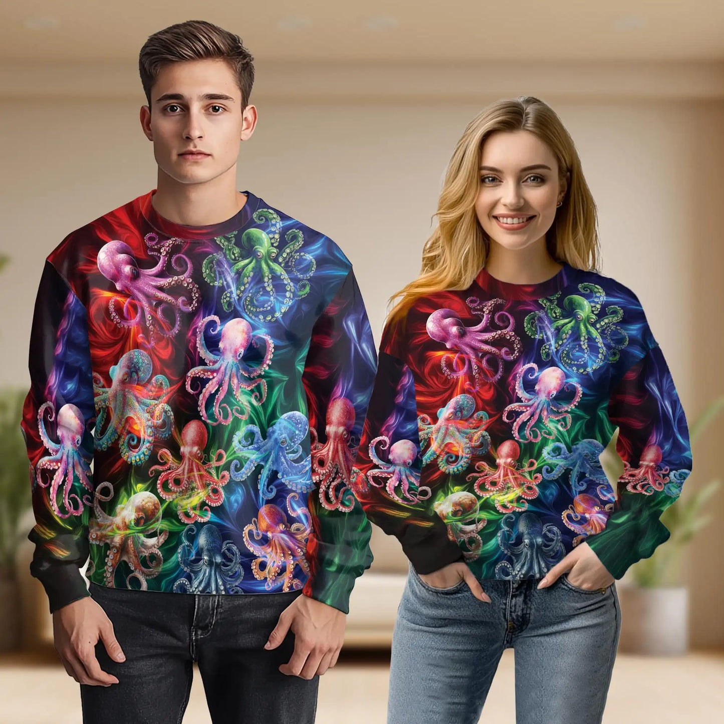 Octopus Fantasy Sweatshirt, 3D All Over Print Mystical Ocean Creature Crewneck Pullover for Men Women, Octopus Lover Gift - Netecom