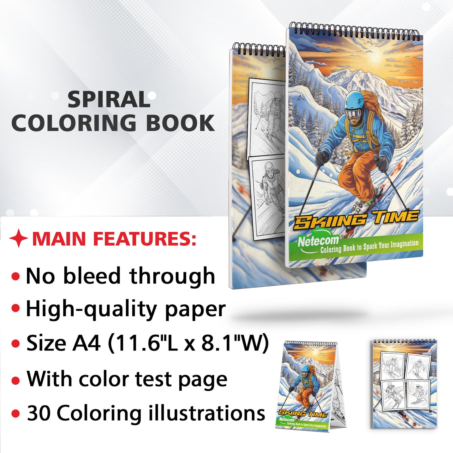 Skiing Time Spiral Bound Coloring Book, Unleash Your Creativity with 30 Whimsical Coloring Pages of Skiing Fun