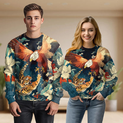 Tiger Eagle Fight Sweatshirt, 3D All Over Print Wild Animal Battle Crewneck Pullover for Men Women, Wildlife Lover Gift - Netecom