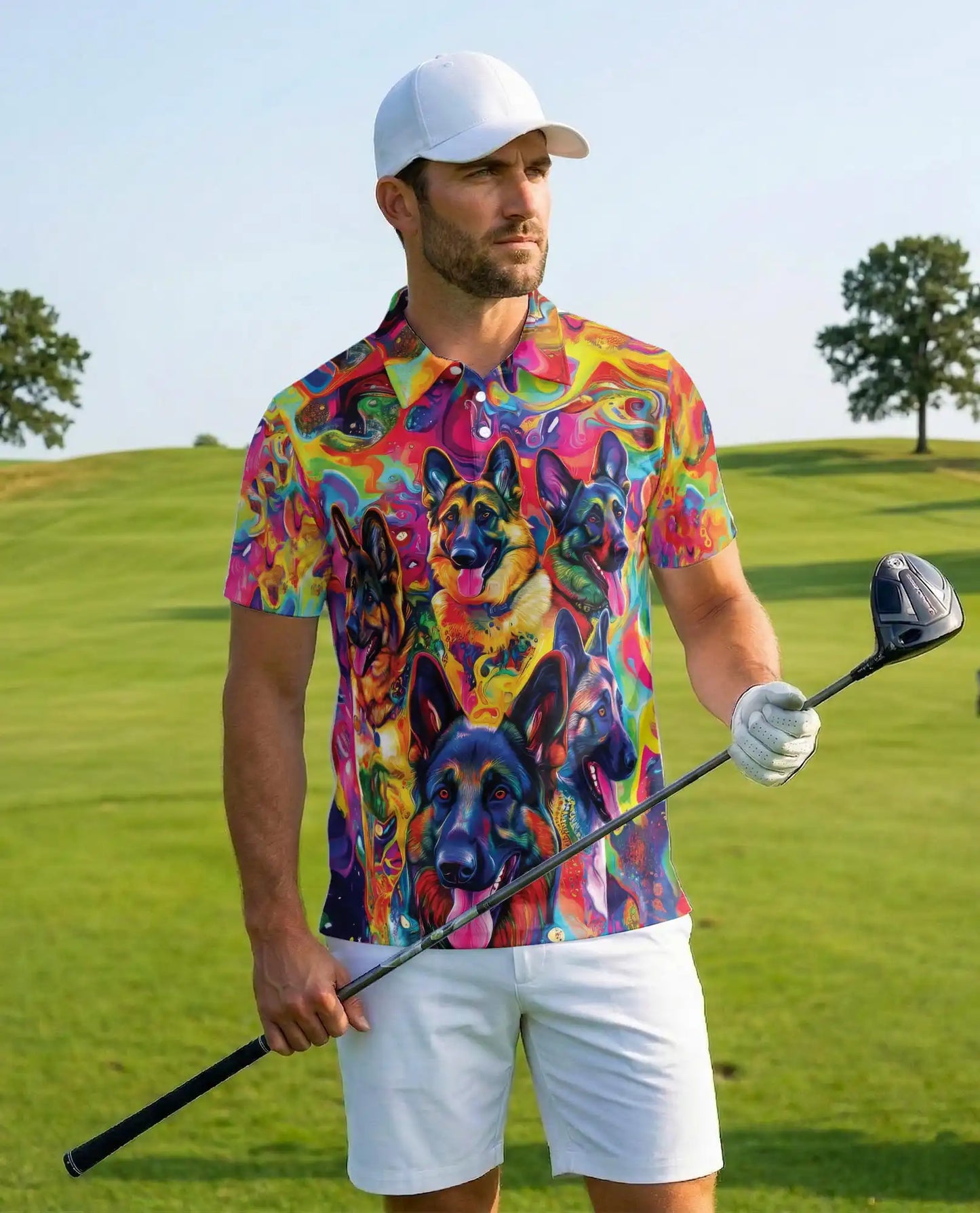 Psychedelic German Shepherd 3D Polo Shirt for Men – Colorful Dog Lover Art Style | Netecom