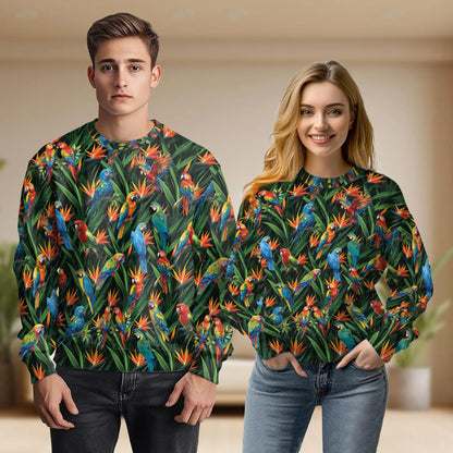 Tropical Macaw Parrot Bird Sweatshirt, 3D All Over Print Colorful Tropical Crewneck Pullover for Men Women, Parrot Lover Gift - Netecom