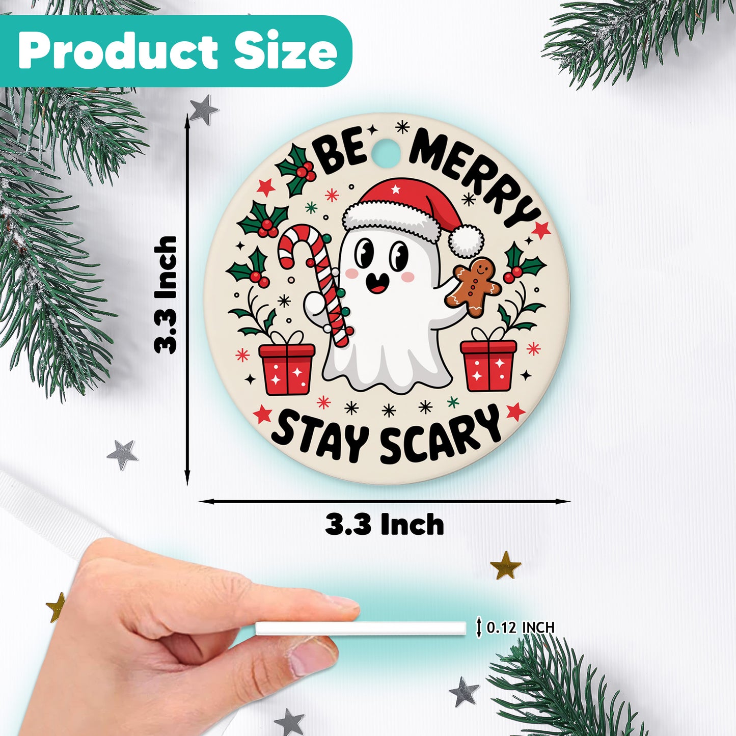 Netecom Funny Santa Ghost Christmas Ornament, Be Merry Stay Scary Ceramic Ornament for Xmas Tree Hanging Decorations Gift, Home Decor, Gifts for Friends & Family, Holiday Party Present