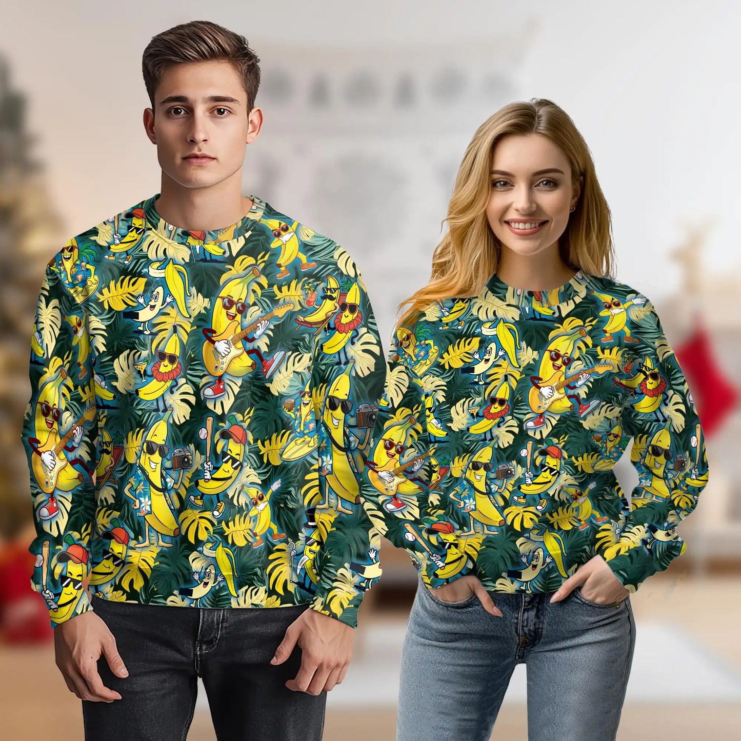 Banana Plays the Guitar Sweatshirt, 3D All Over Print Funny Music Fruit Crewneck Pullover for Men Women, Music Lover Gift - Netecom