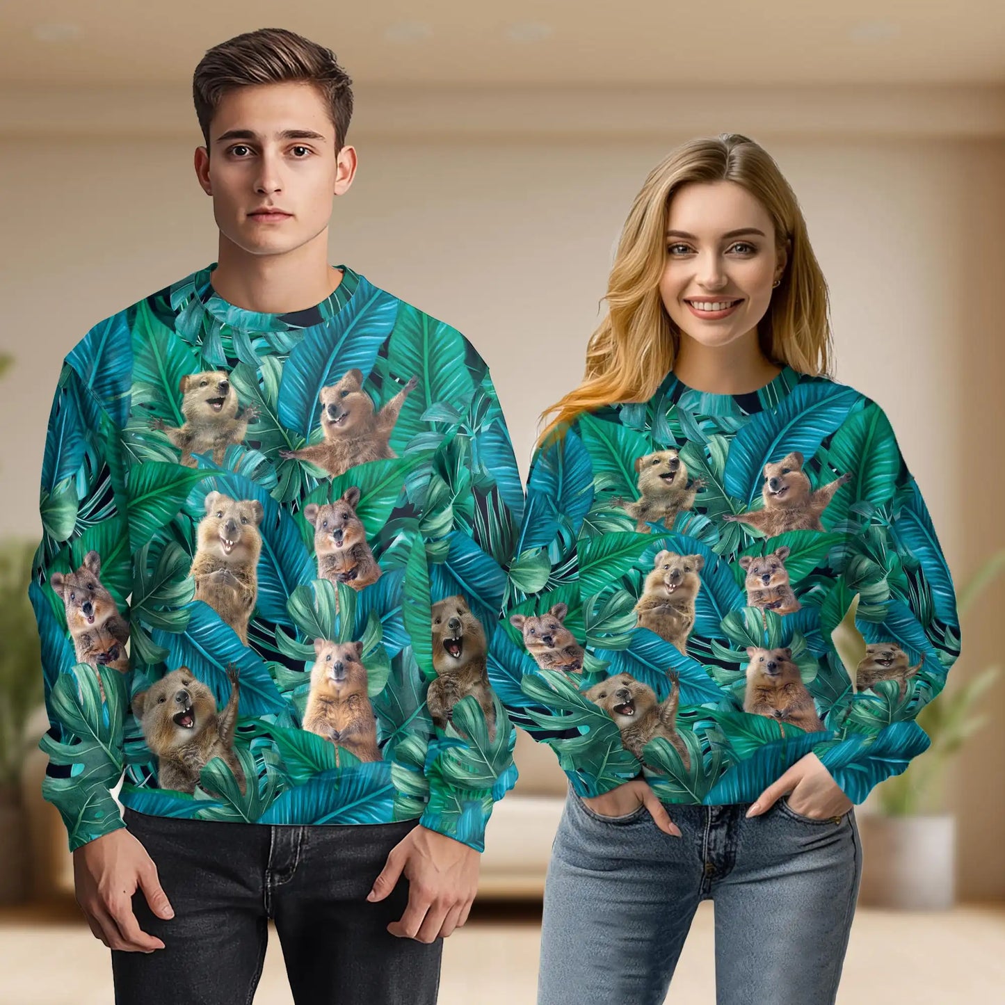 Cute Quokka Tropical Leaves Sweatshirt, 3D All Over Print Australian Animal Crewneck Pullover for Men Women, Quokka Lover Gift - Netecom