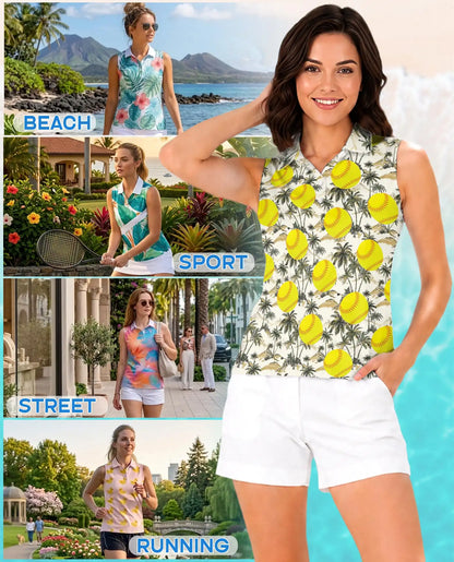Tropical Palm Tree And Softball Sleeveless Polo Shirt for Women | Netecom