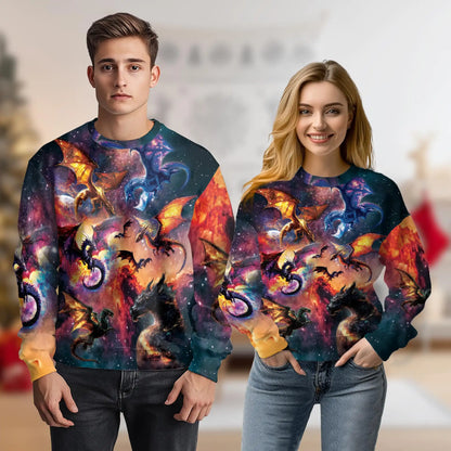 Colorful Mythical Dragons Nebula Sweatshirt, 3D All Over Print Fantasy Galaxy Dragon Crewneck Pullover for Men Women, Dragon Lover Gift - Netecom