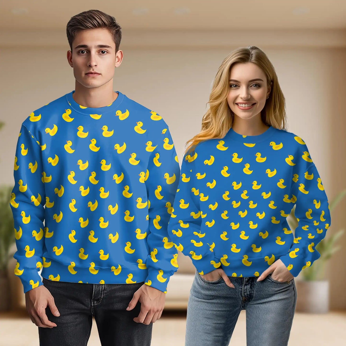 Rubber Duck Seamless Pattern Sweatshirt, 3D All Over Print Cute Duck Crewneck Pullover for Men Women, Rubber Duck Lover Gift - Netecom