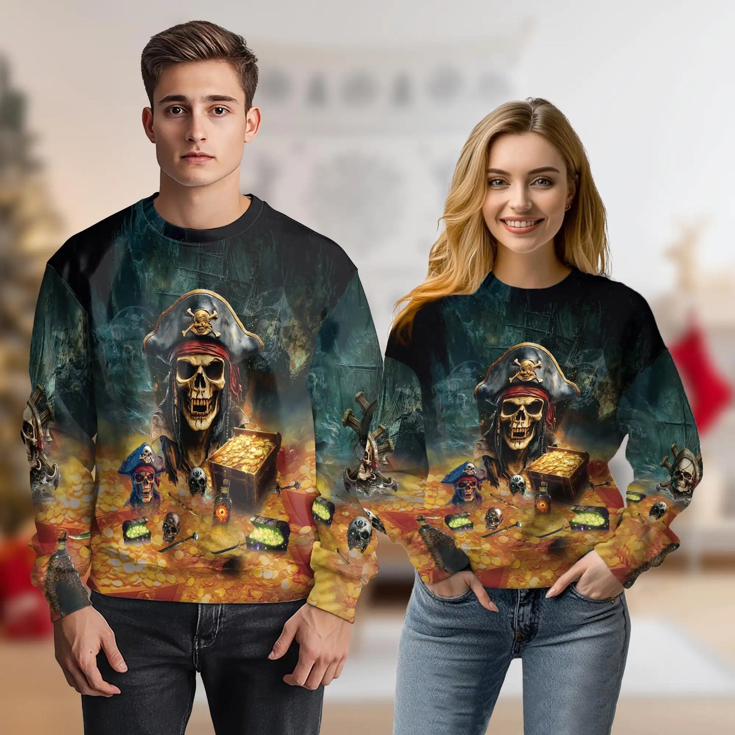 Pirate Skull with Treasure Sweatshirt, 3D All Over Print Pirate Adventure Crewneck Pullover for Men Women, Pirate Lover Gift - Netecom