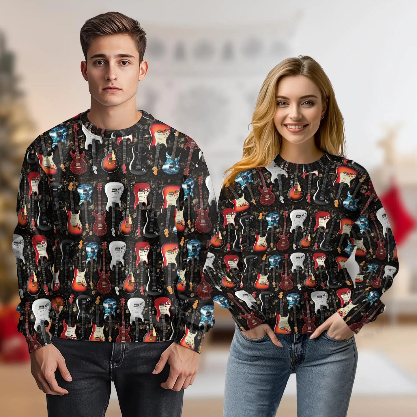 Electric Guitar Sweatshirt, 3D All Over Print Rock Music Crewneck Pullover for Men Women, Guitarist and Music Lover Gift - Netecom
