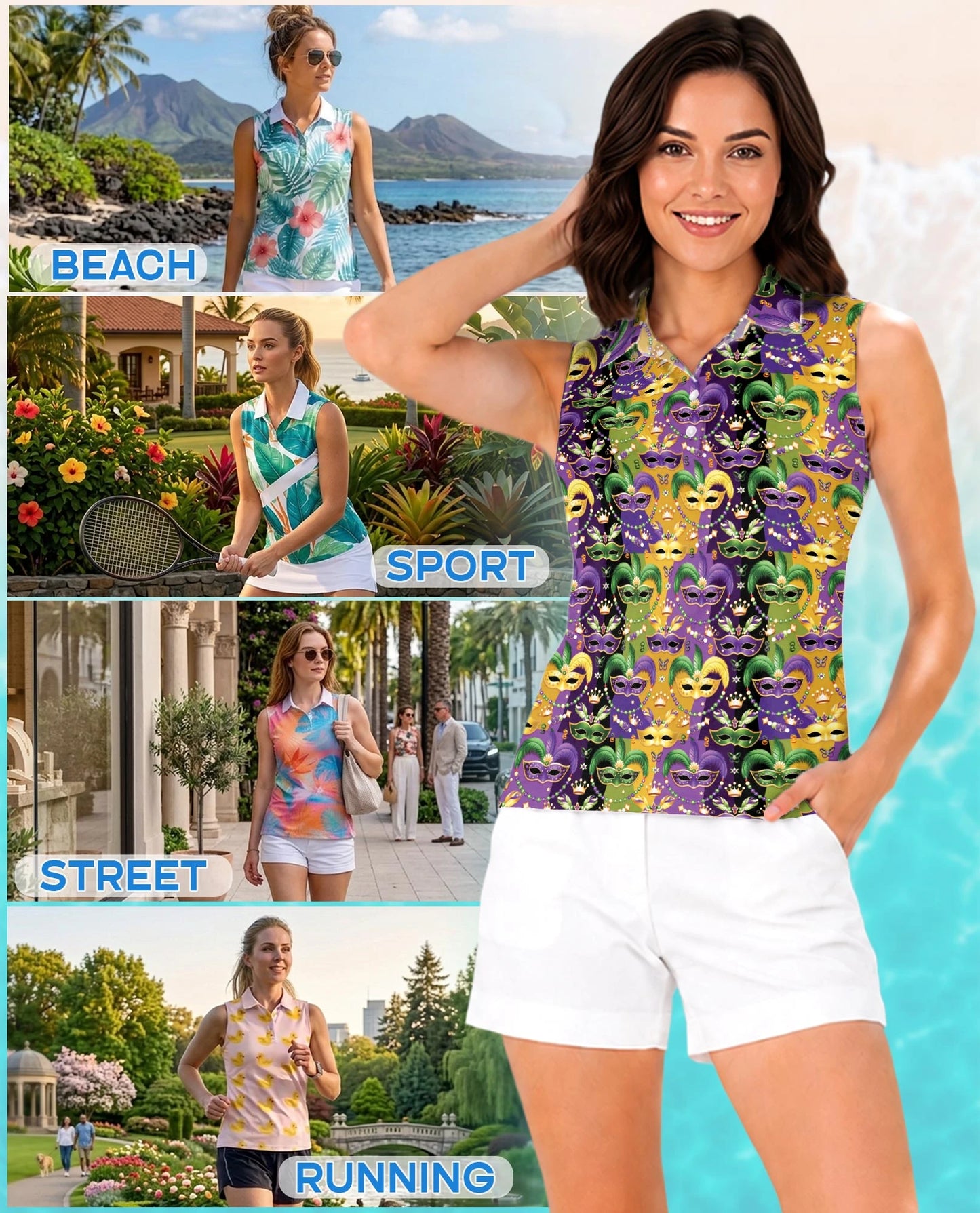 Mardi Gras Mask Sleeveless Polo Shirt for Women | Netecom