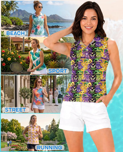 Mardi Gras Mask Sleeveless Polo Shirt for Women | Netecom