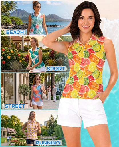 Citrus Fruits Pattern Sleeveless Polo Shirt for Women – Fresh Summer Style | Netecom