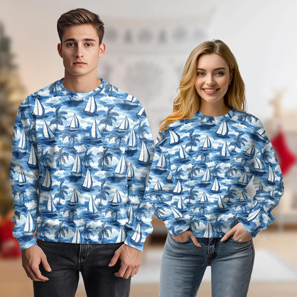 Sailboat Sweatshirt, 3D All Over Print Blue Nautical Ocean Crewneck Pullover for Men Women, Sailing Lover Gift - Netecom