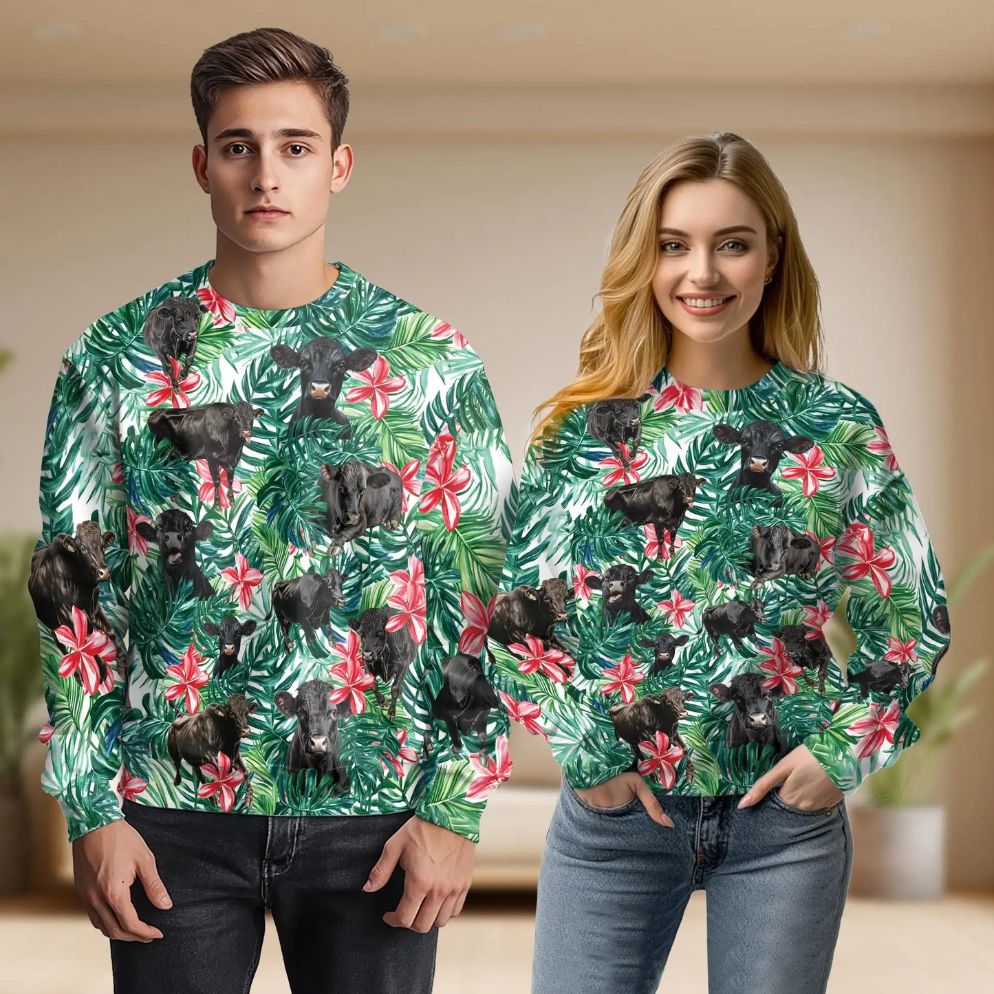 Black Angus Cow Tropical Floral Sweatshirt, 3D All Over Print Farm Animal Flower Crewneck Pullover for Men Women, Cattle Lover Gift - Netecom