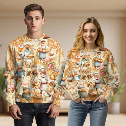 Cartoon Baker Pattern Sweatshirt, 3D All Over Print Baking Crewneck Pullover for Men Women, Baker Lover Gift - Netecom