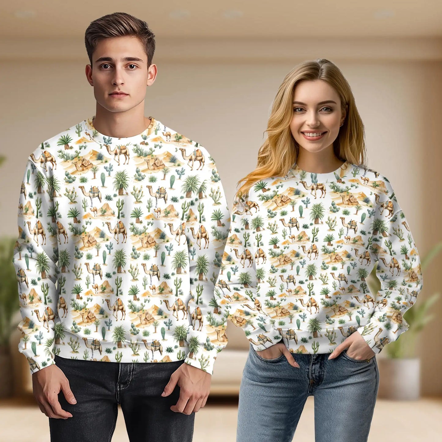 Camel and Cactus Desert Sweatshirt, 3D All Over Print Southwest Landscape Crewneck Pullover for Men Women, Desert Lover Gift - Netecom