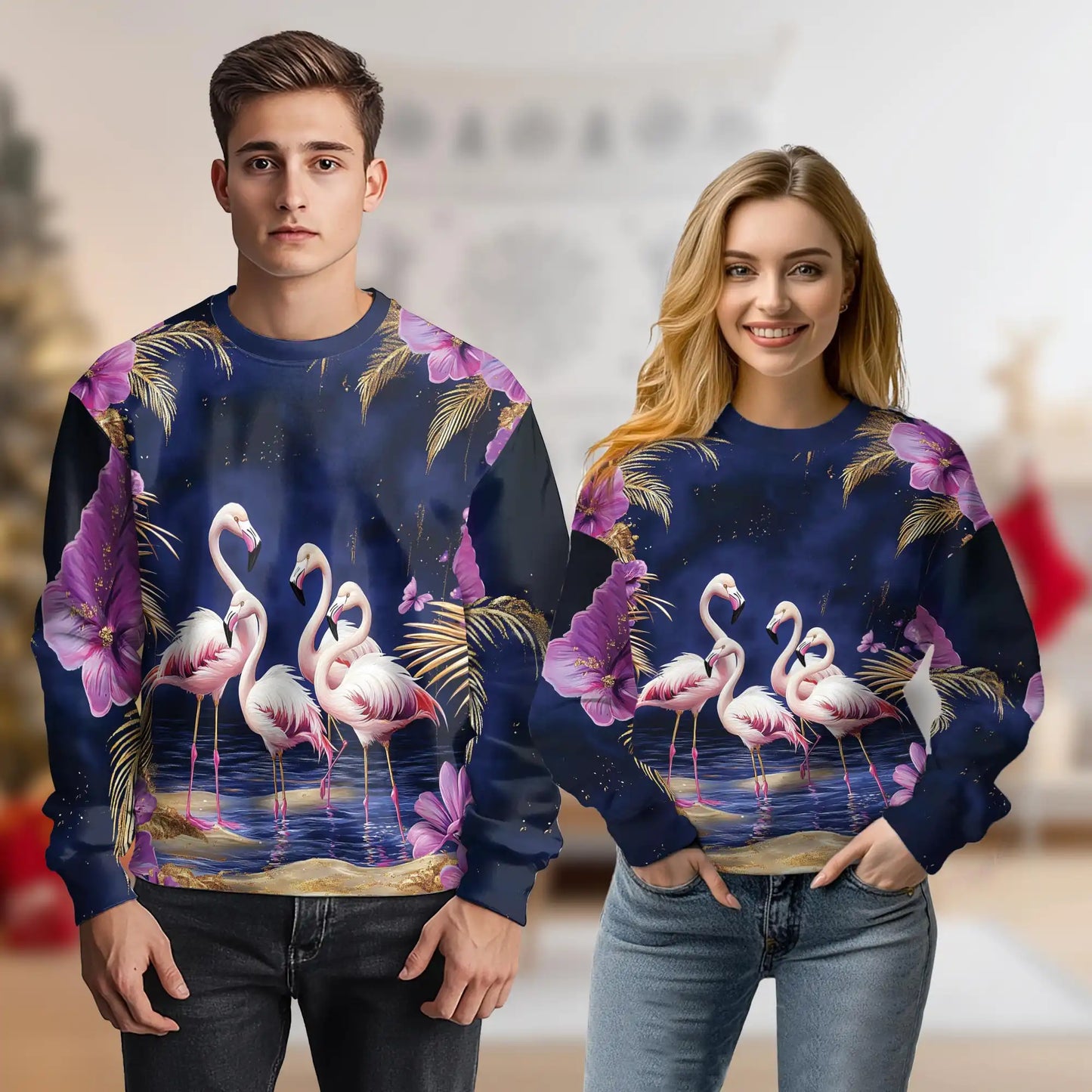 Flamingo Night Sweatshirt, 3D All Over Print Tropical Bird Moonlight Crewneck Pullover for Men Women, Flamingo Lover Gift - Netecom