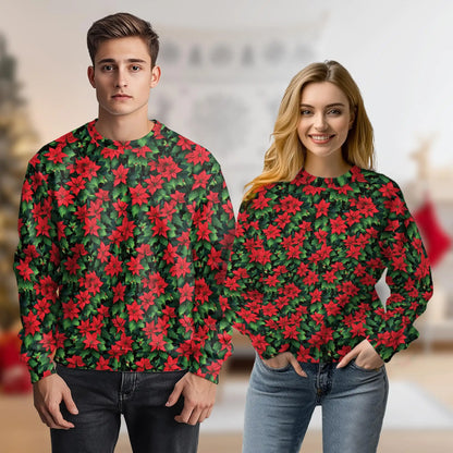 Poinsettia Pattern Sweatshirt, 3D All Over Print Christmas Floral Crewneck Pullover for Men Women, Holiday Flower Lover Gift - Netecom