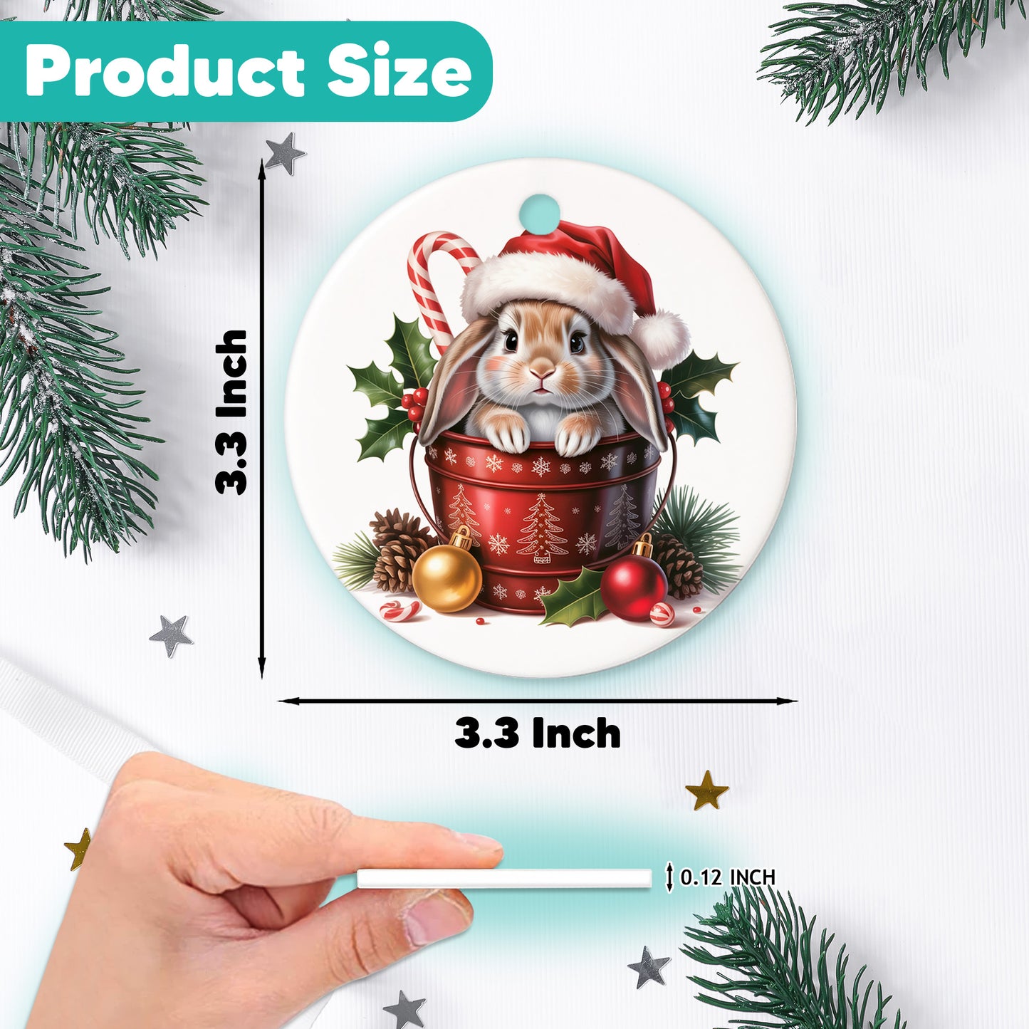 Netecom Adorable Rabbit in Bucket Ornament, Bunny with Santa Hat Ceramic Ornament for Christmas Tree Hanging Decorations Gift, Rabbit Lover Gifts, Home Decor, Holiday Party Present