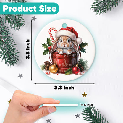 Netecom Adorable Rabbit in Bucket Ornament, Bunny with Santa Hat Ceramic Ornament for Christmas Tree Hanging Decorations Gift, Rabbit Lover Gifts, Home Decor, Holiday Party Present