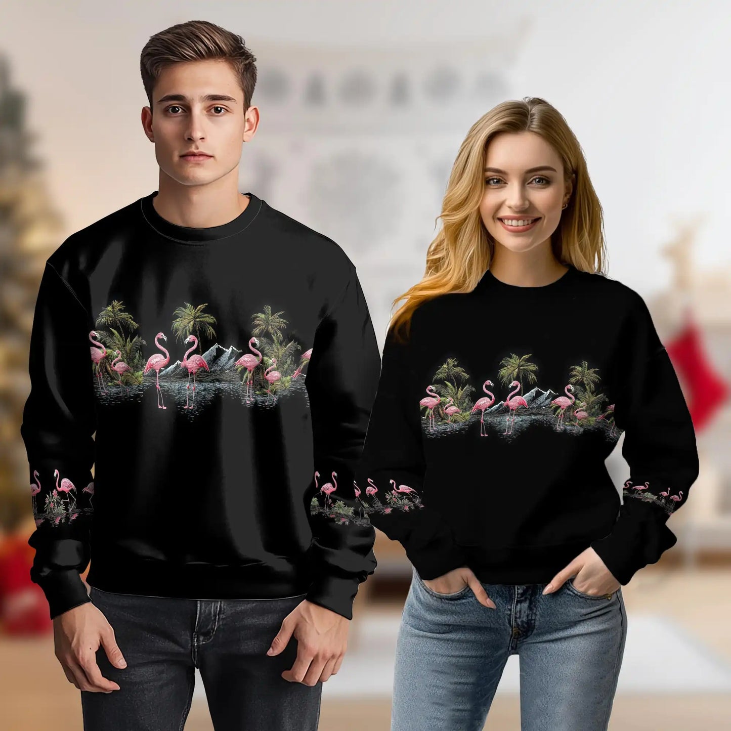 Flamingos Black Sweatshirt, 3D All Over Print Tropical Bird Crewneck Pullover for Men Women, Flamingo Lover Gift - Netecom
