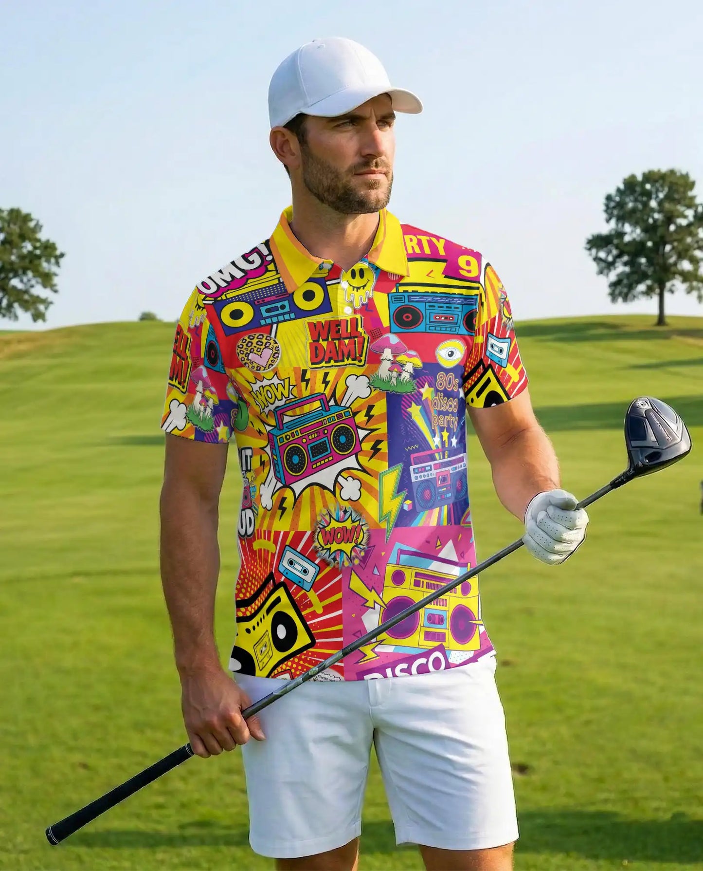 Retro 80s Disco Party Polo Shirt-Neon Boombox Music Design | Netecom