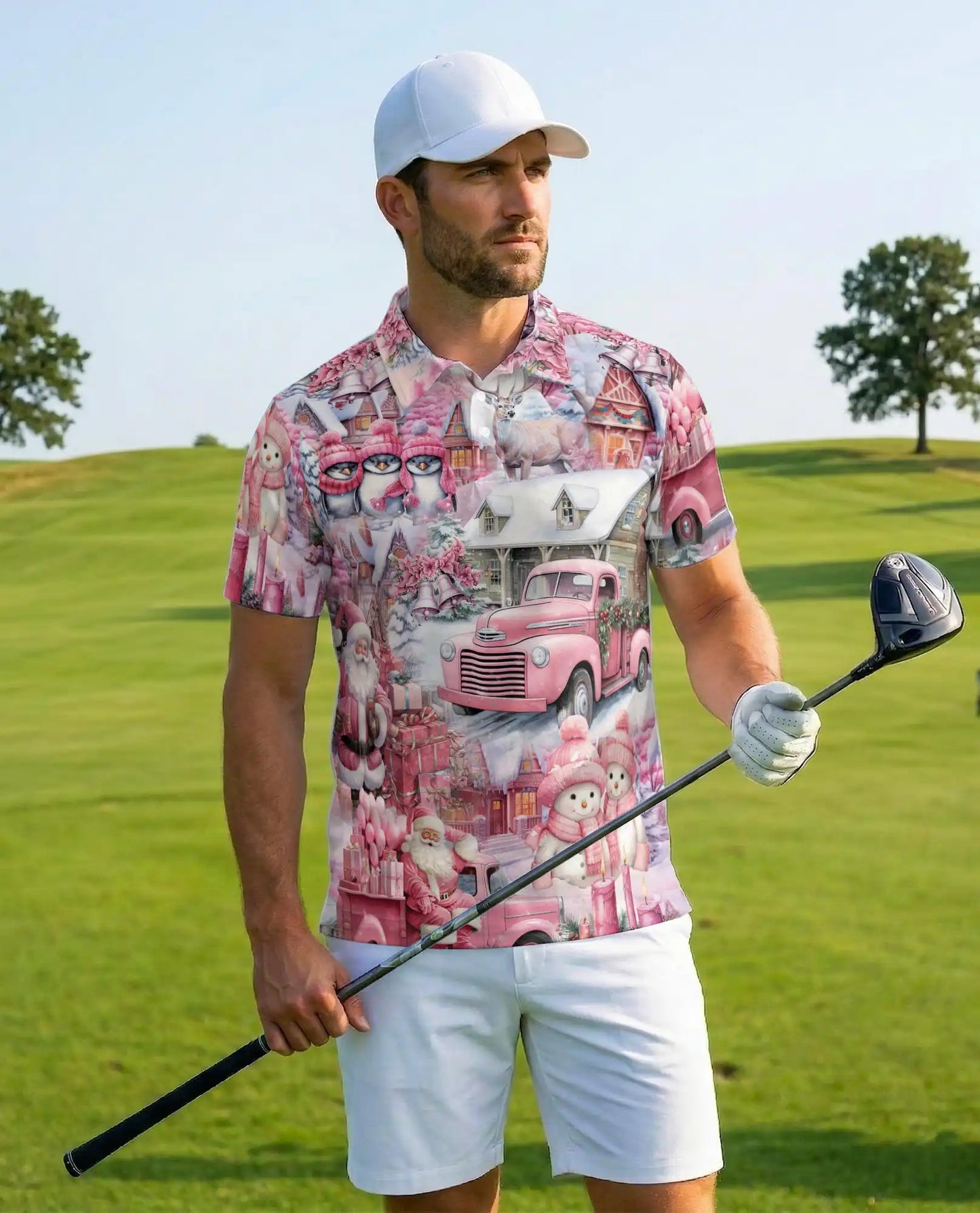 Pink Christmas Truck 3D Polo Shirt for Men – Santa Winter Village Style | Netecom
