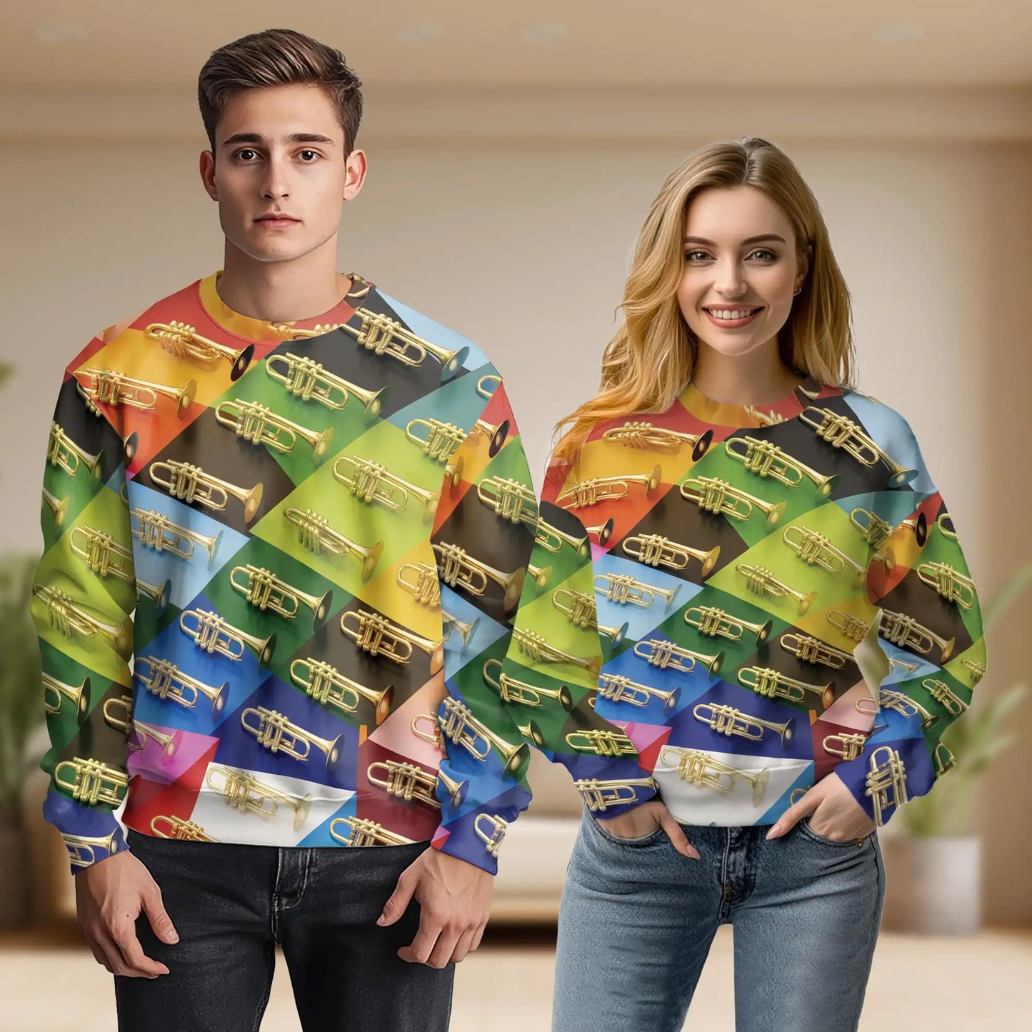 Colorful Geometric Trumpet Sweatshirt, 3D All Over Print Brass Instrument Crewneck Pullover for Men Women, Trumpet Player Gift - Netecom