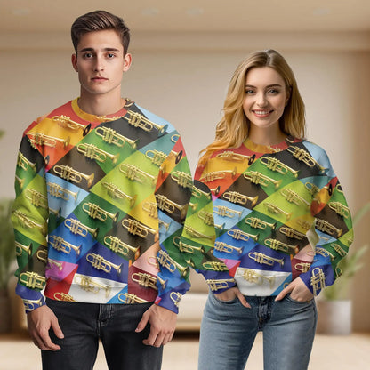 Colorful Geometric Trumpet Sweatshirt, 3D All Over Print Brass Instrument Crewneck Pullover for Men Women, Trumpet Player Gift - Netecom