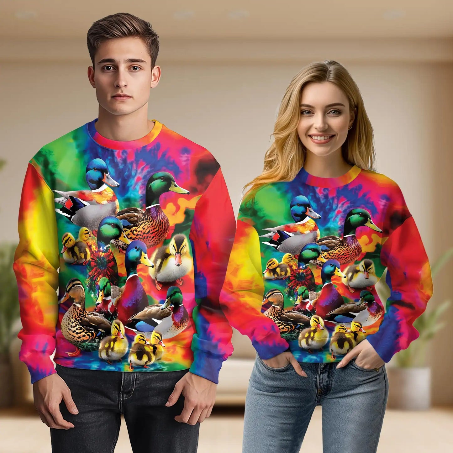 Colorful Duck Sweatshirt, 3D All Over Print Cute Bird Crewneck Pullover for Men Women, Duck Lover Gift - Netecom