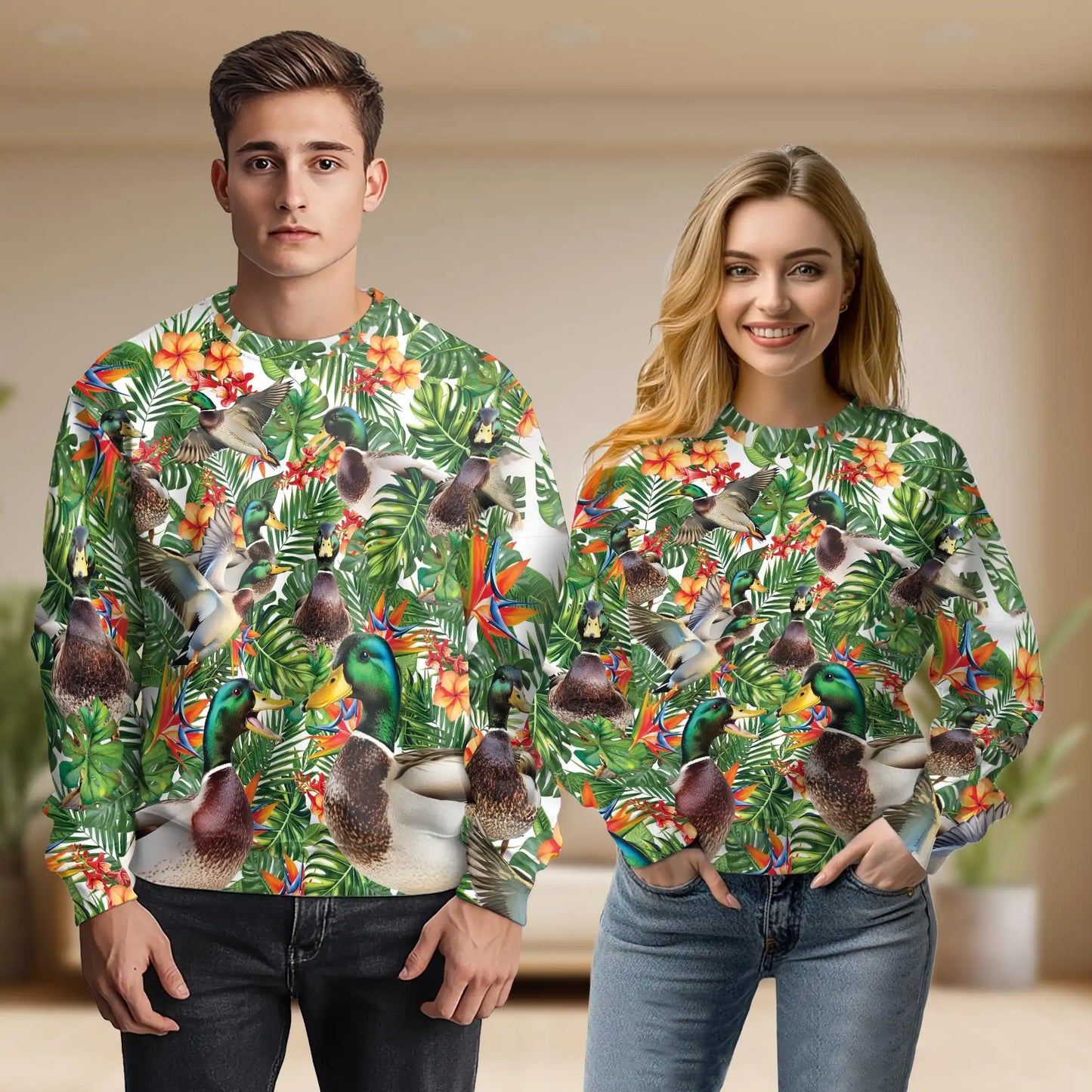 Tropical Geese Sweatshirt, 3D All Over Print Colorful Bird Crewneck Pullover for Men Women, Goose Lover Gift - Netecom