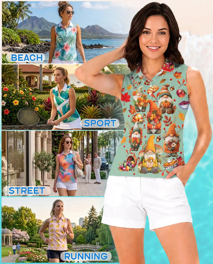Autumn Harvest Gnomes Sleeveless Polo Shirt for Women | Netecom