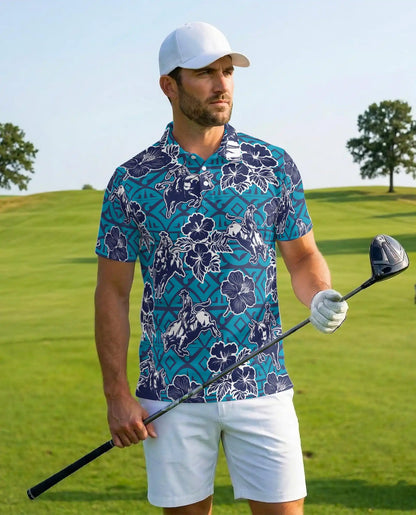 Western Rodeo Hibiscus Polo Shirt for Men- Cowboy Bull Riding | Netecom