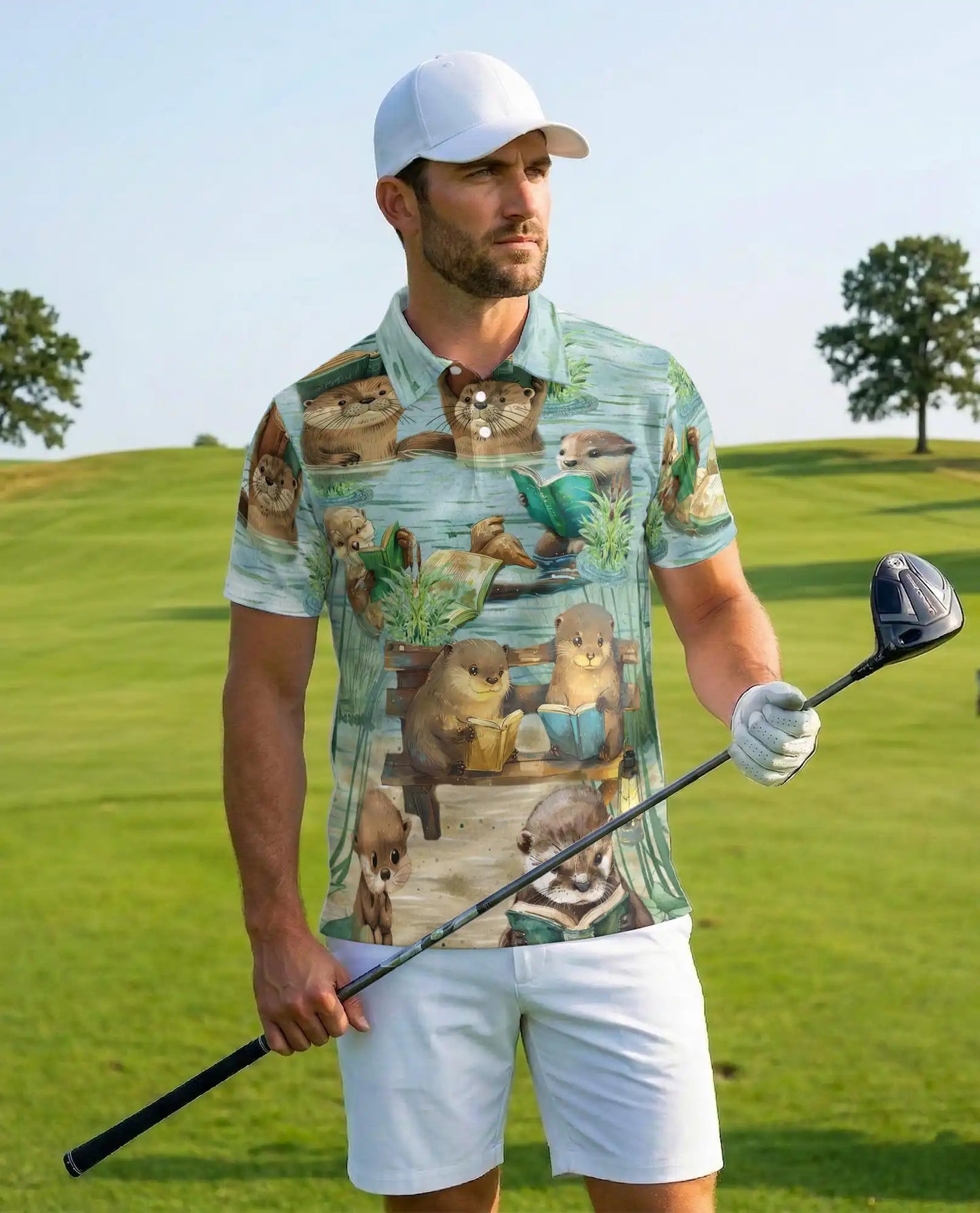 Cute Otter Reading Polo Shirt - Cozy Book Lover Animal Style | Netecom