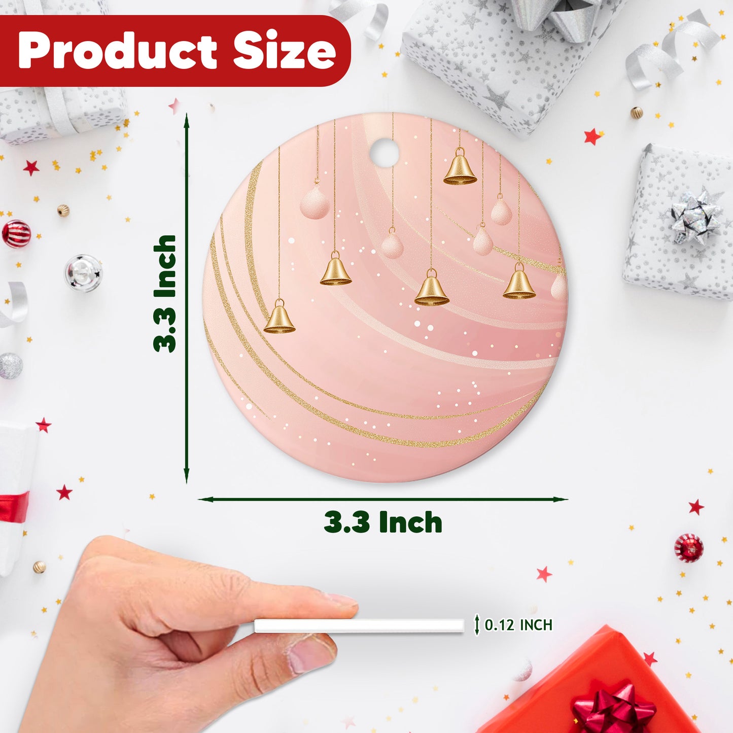 Netecom Elegant Pink Baubles Christmas Ornaments, Ceramic Bell with Glitter Swirl Keepsake Ornament for Xmas Tree Decorations, Gifts for Holiday, Party, Home Decor