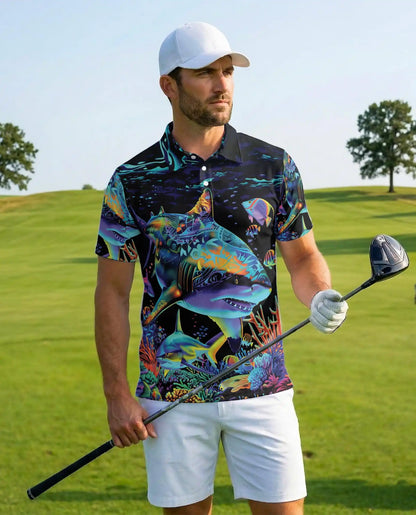 Tropical Sharks Polo Shirt for Men – Colorful Ocean Fish Design | Netecom