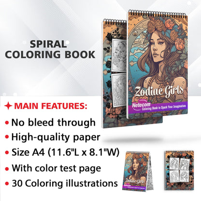 Zodiac Girls Spiral Bound Coloring Book, Embark on a Coloring Adventure with 30 Zodiac Girls Coloring Pages, Celebrating the Beauty and Power of the Zodiac Signs