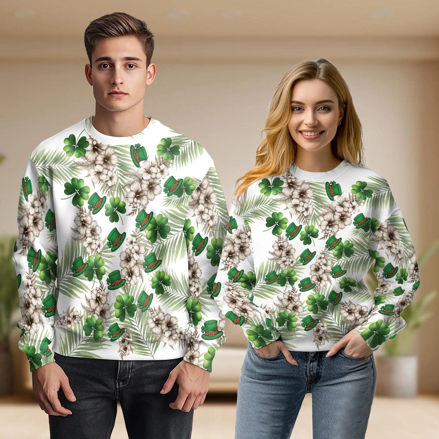 Irish Tropical Shamrock Hibiscus Pattern Sweatshirt, 3D All Over Print St Patrick's Day Floral Crewneck Pullover for Men Women, Irish Gift - Netecom