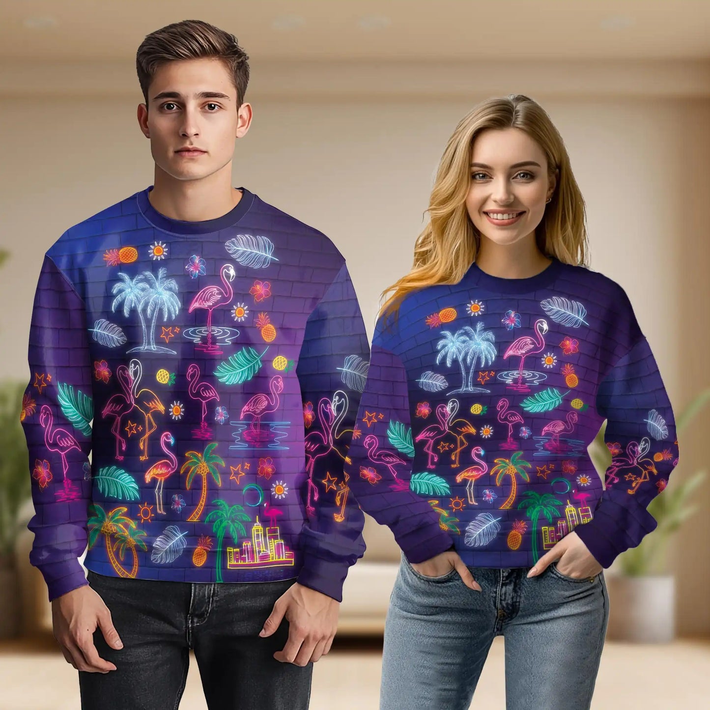 Neon Tropical Flamingo Sweatshirt, 3D All Over Print Colorful Flamingo Crewneck Pullover for Men Women, Tropical Lover Gift - Netecom