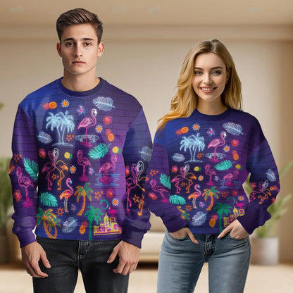 Neon Tropical Flamingo Sweatshirt, 3D All Over Print Colorful Flamingo Crewneck Pullover for Men Women, Tropical Lover Gift - Netecom