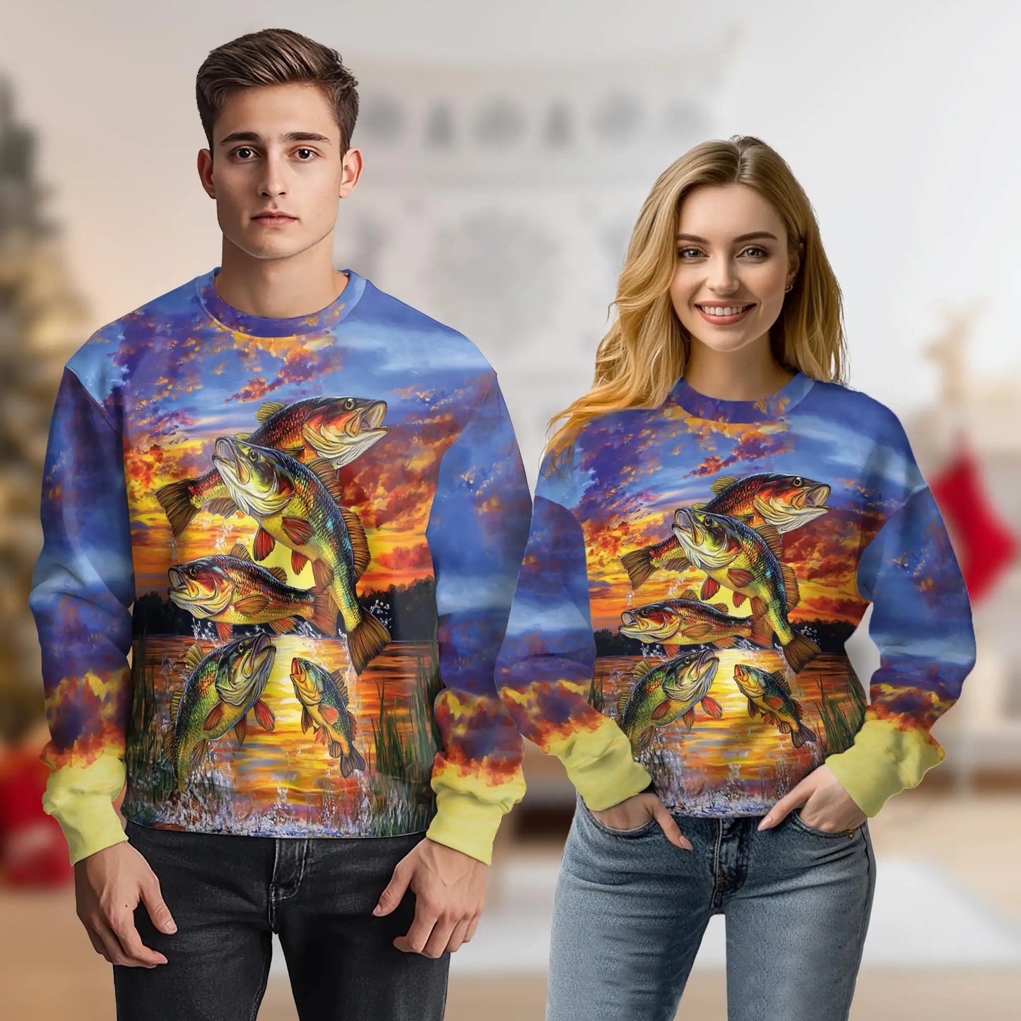 Largemouth Bass Fishing Sweatshirt, 3D All Over Print Sunset Fishing Crewneck Pullover for Men Women, Bass Fisherman Gift - Netecom