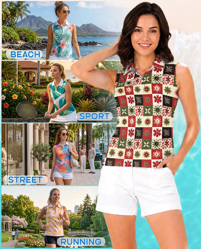 Christmas Quilt Pattern Sleeveless Polo Shirt for Women | Netecom